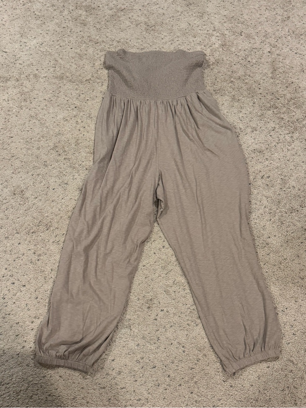 American Eagle Outfitters Taupe Smocked Strapless Jumpsuit